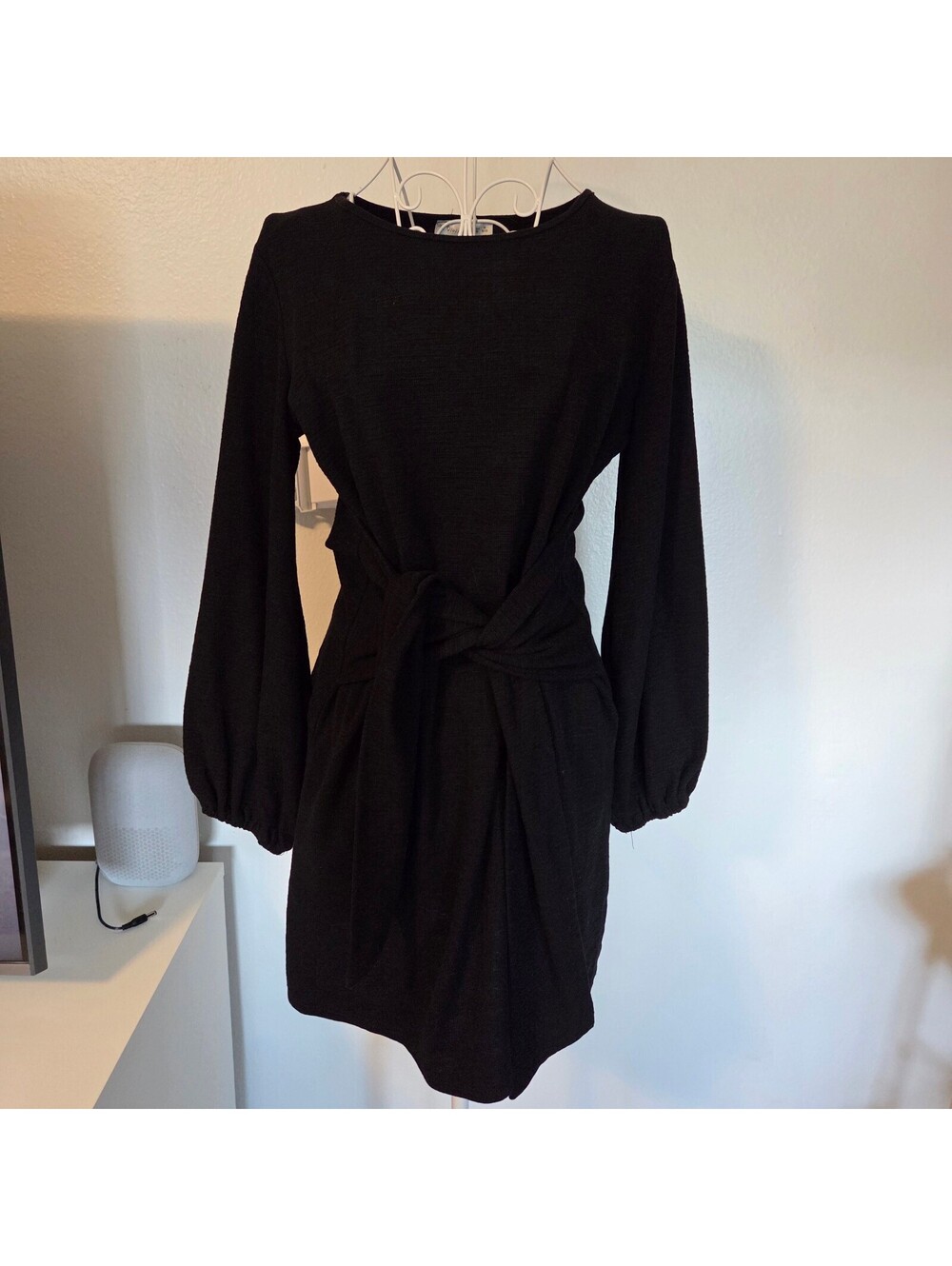 R. Vivimos Black Long Sleeve Mini Dress with Waist Tie, Size M